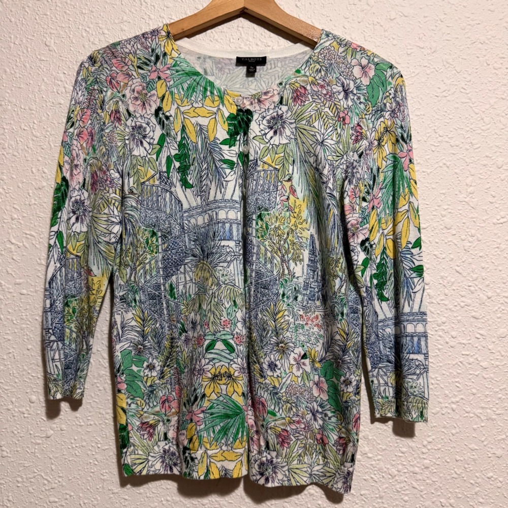 Talbots Petite Floral Garden Scene Button Cardigan Sweater Women SP‎ romantic